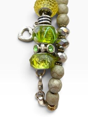 Green Glass Beaded Bracelet Set Silver Tone Boho Charm Stack Statement Jewelry
